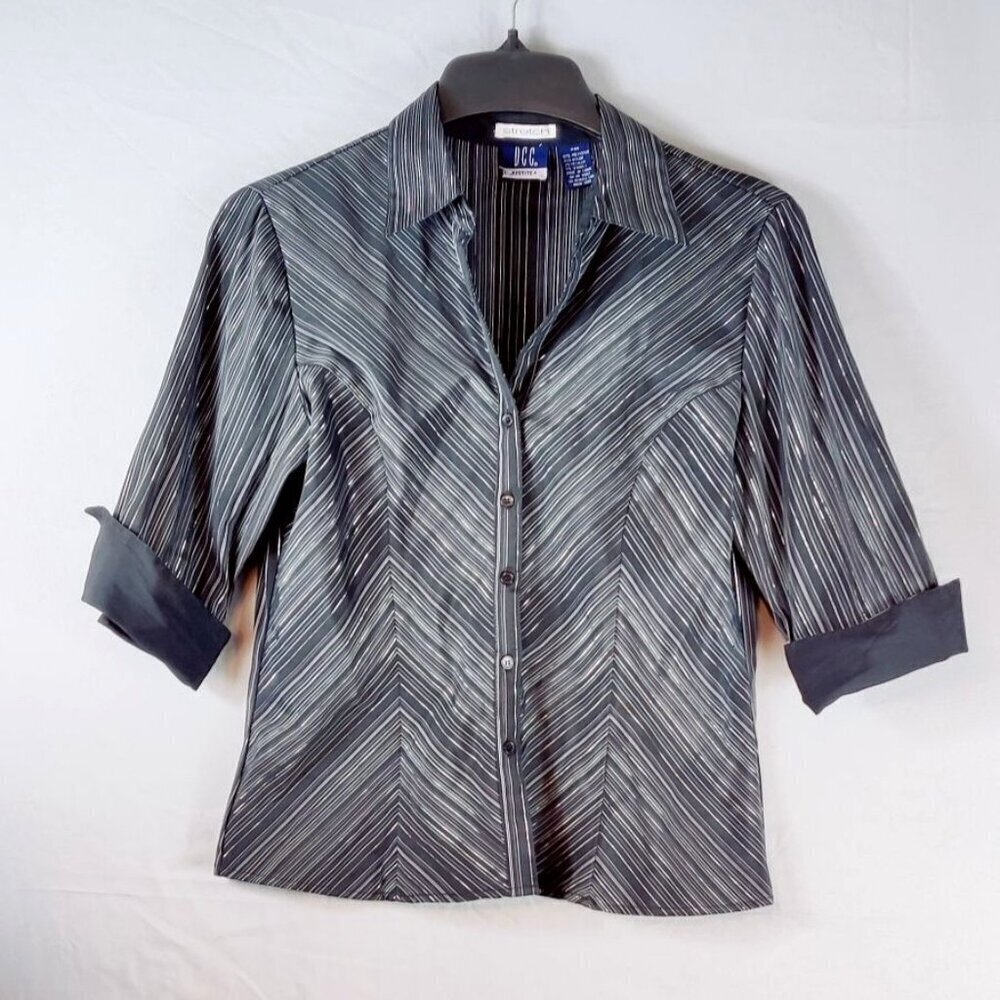 DCC Stretch Fitted Shirt Black Chevron Gray Pin Stripe Silver Thread 3/4 Sleeve